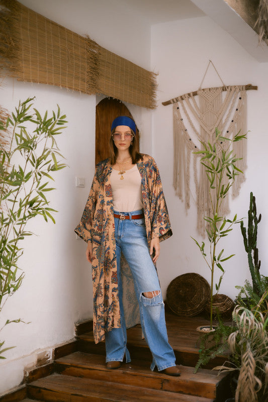 Satin Paisley Kimono – Beige & Blue