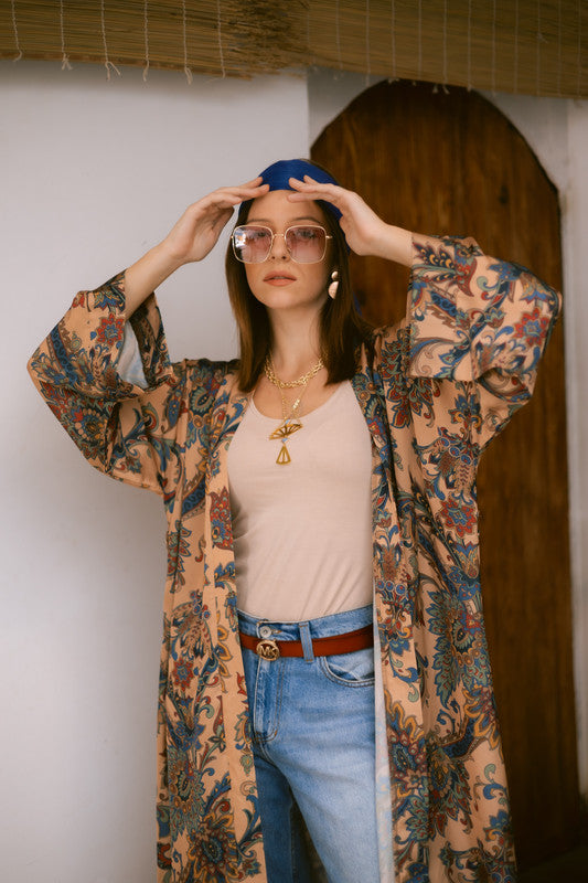 Satin Paisley Kimono – Beige & Blue