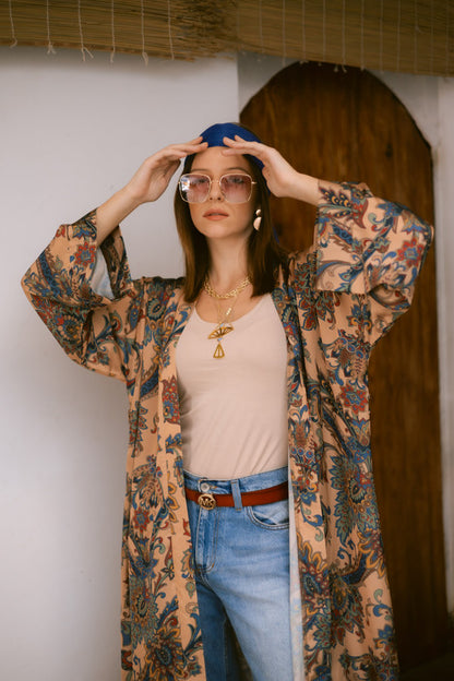 Satin Paisley Kimono – Beige & Blue