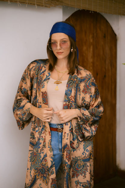 Satin Paisley Kimono – Beige & Blue