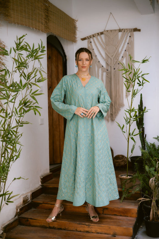 Embroidered Linen Dress – Mint & Gold