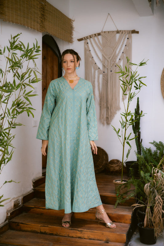 Embroidered Linen Dress – Mint & Gold