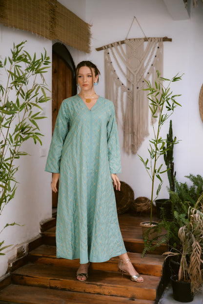 Embroidered Linen Dress – Mint & Gold