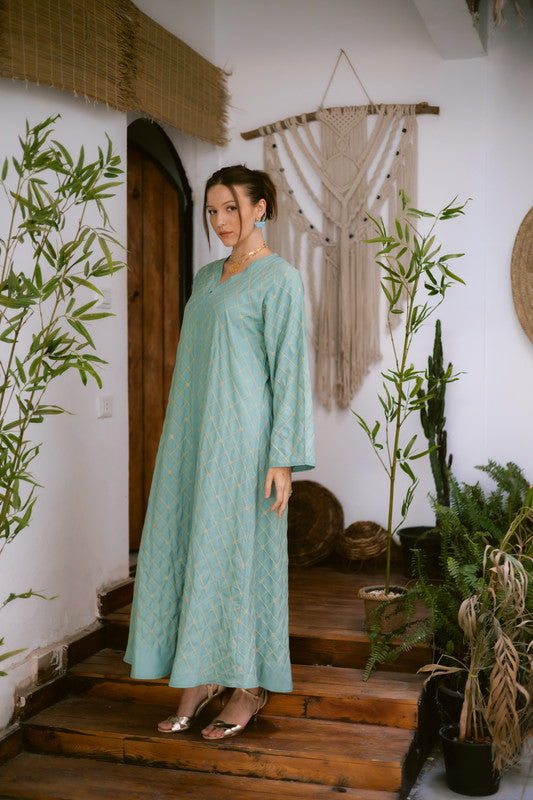 Embroidered Linen Dress – Mint & Gold