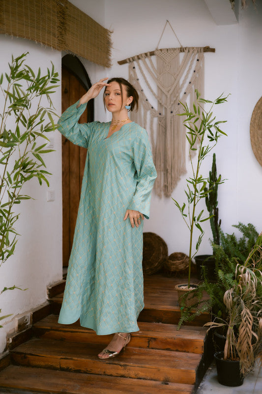 Embroidered Linen Dress – Mint & Gold