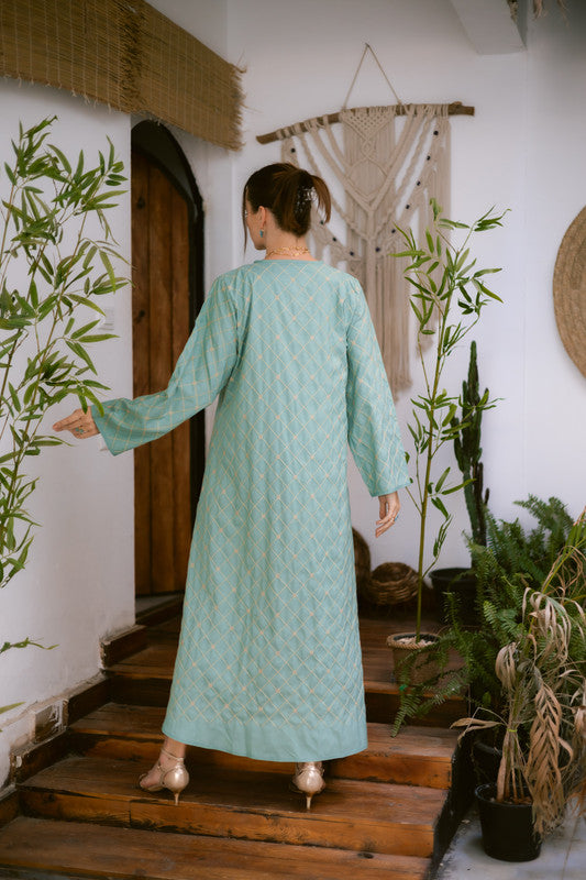 Embroidered Linen Dress – Mint & Gold