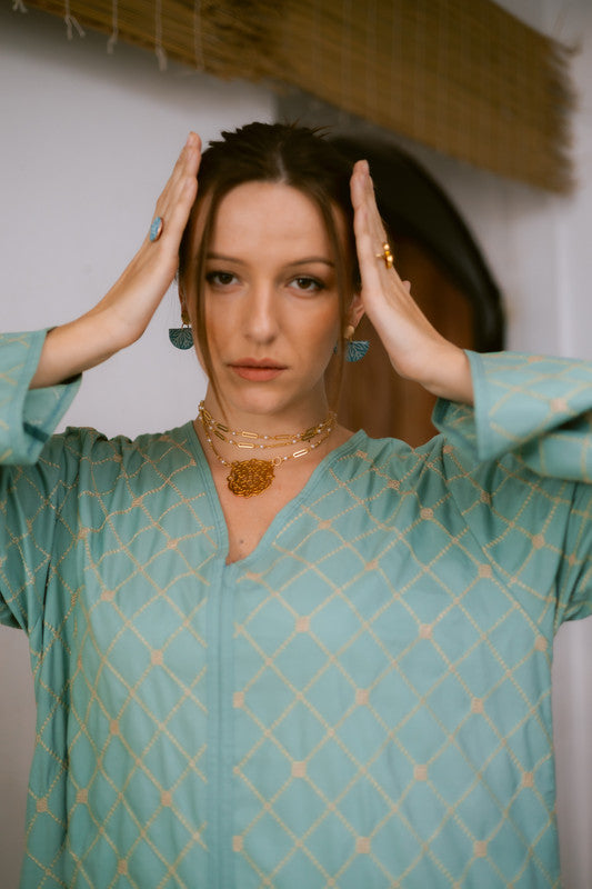 Embroidered Linen Dress – Mint & Gold