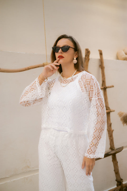 Lace Pattern Two-Piece Set – White