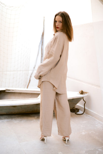 Linen Embellished Set - Beige