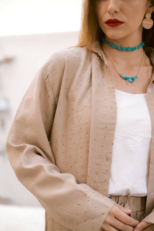 Linen Embellished Set - Beige