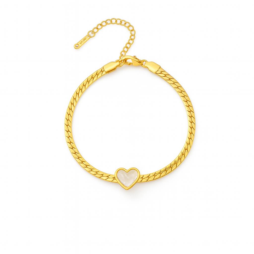 Stainless Steel Snake Chain White Heart Charm Bracelet – Gold