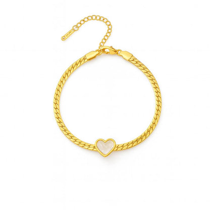 Stainless Steel Snake Chain White Heart Charm Bracelet – Gold