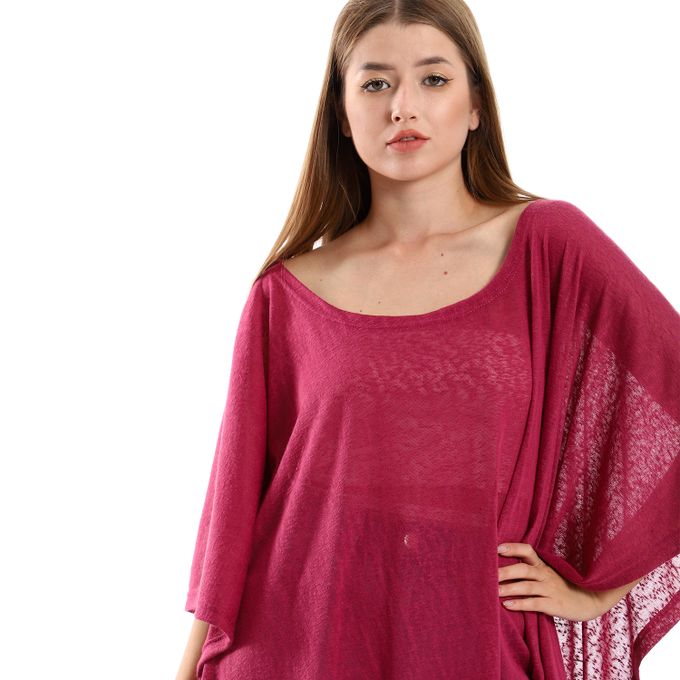 Knitted Deep Round Batwing Sleeves Cover-Up