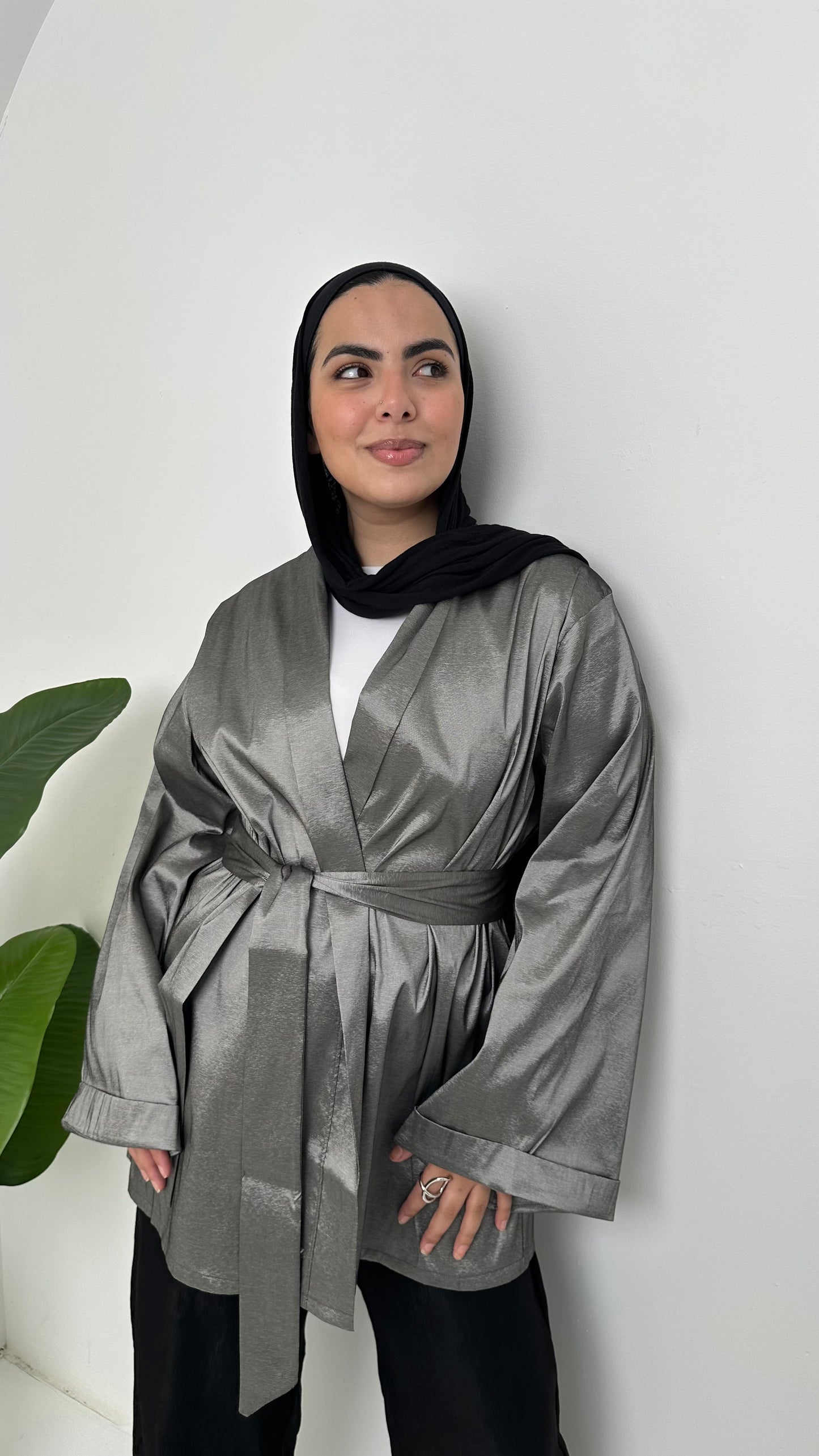 Satin Solid Kimono Jacket – Silver Grey