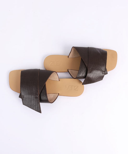 Faux Leather Crossover Strap Flat Slippers - Brown
