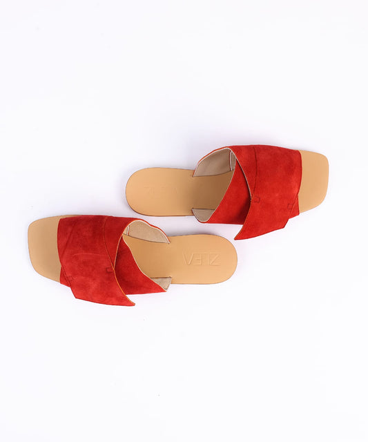 Faux Leather Crossover Strap Flat Slippers - Red