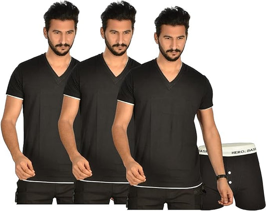 Bundle Pack Of 3 V-Neck T-Shirt With Free Boxer