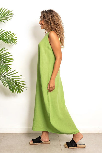 Cotton Lycra Long Linen Dress – Apple Green