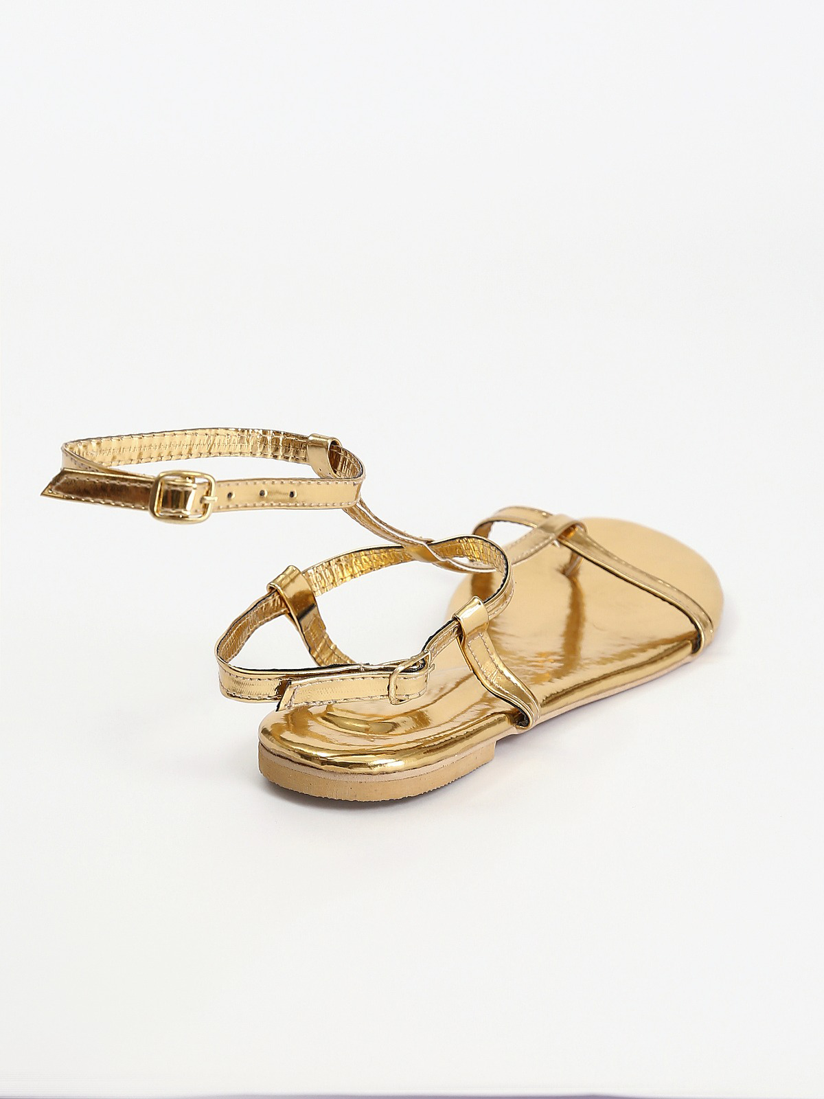 Leather Double Buckle Flat Sandals - Gold