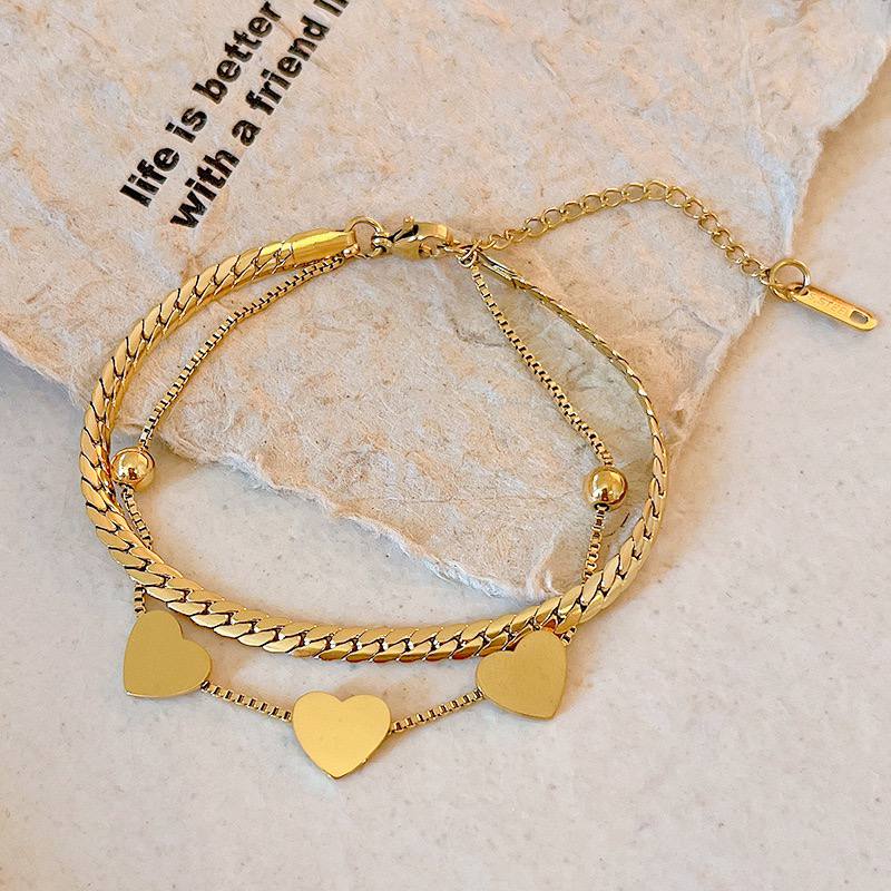 Stainless Steel Double Layer Bracelet with Small Hearts – Gold