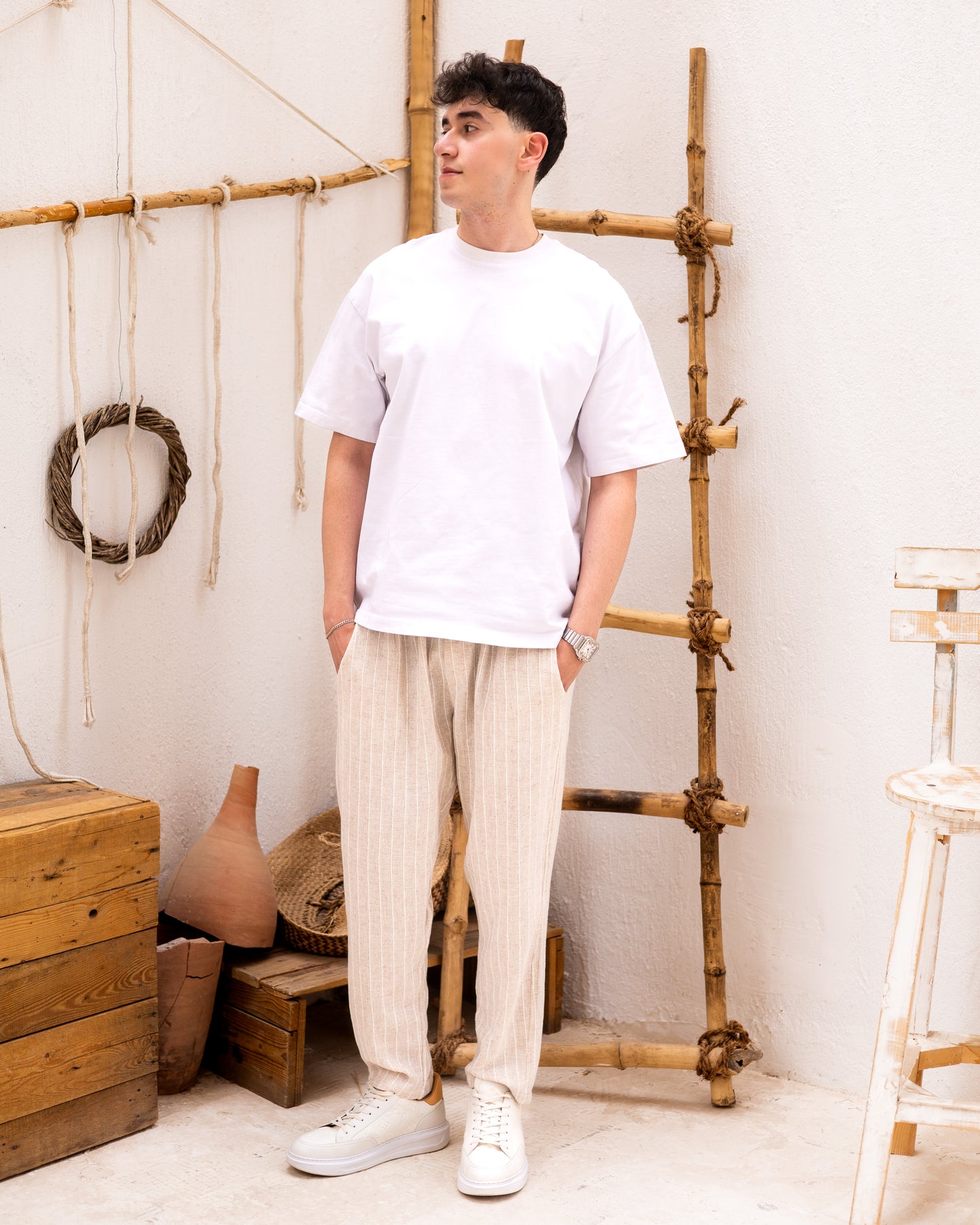 Striped Crude Linen Pants - Beige