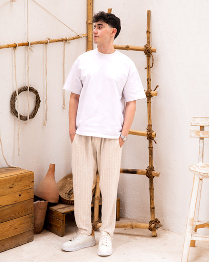 Striped Crude Linen Pants - Beige