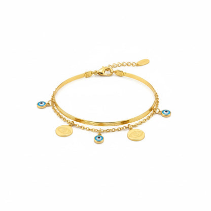 Stainless Steel Double Layer Evil Eye Charm Bracelet – Gold