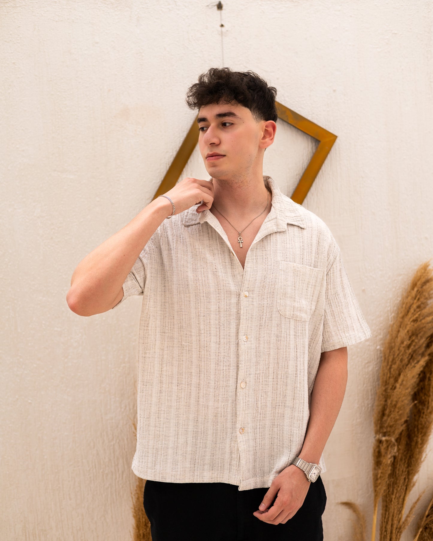 Linen Textured Short Sleeve Shirt - Beige