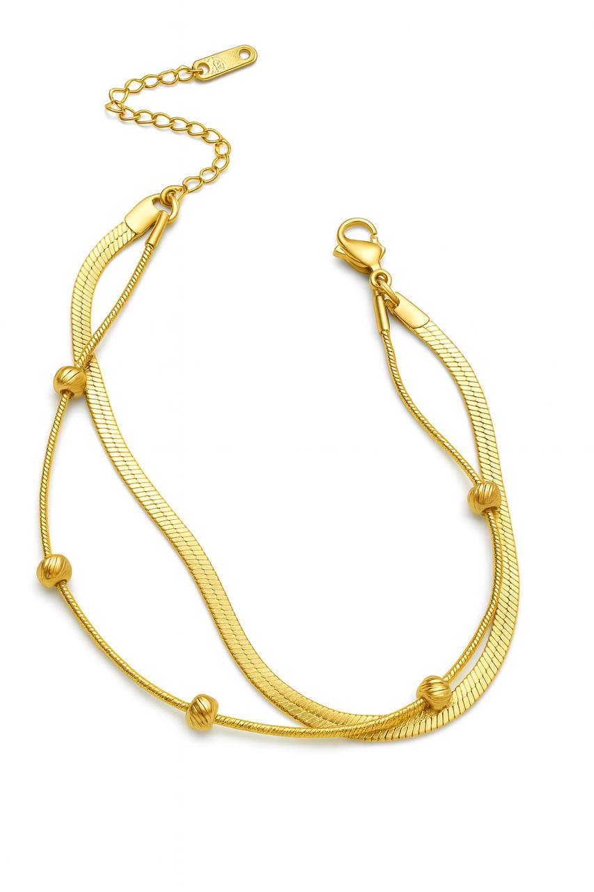 Stainless Steel Double Layer Flat Chain Beaded Bracelet – Gold