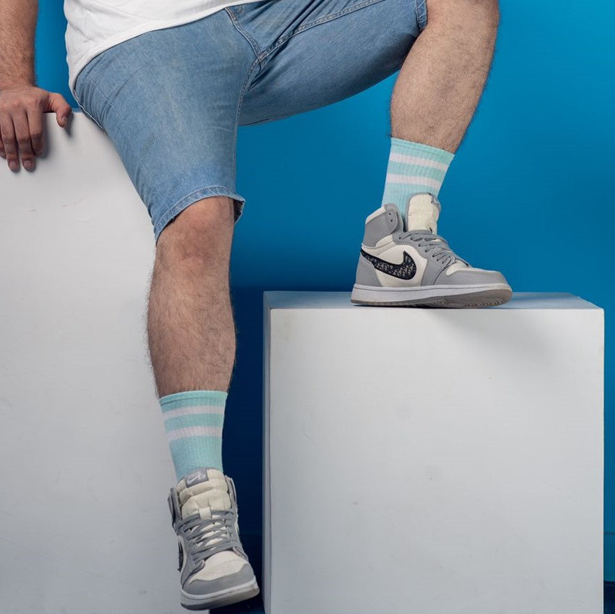 Cotton Basic Striped Crew Socks – Mint Blue