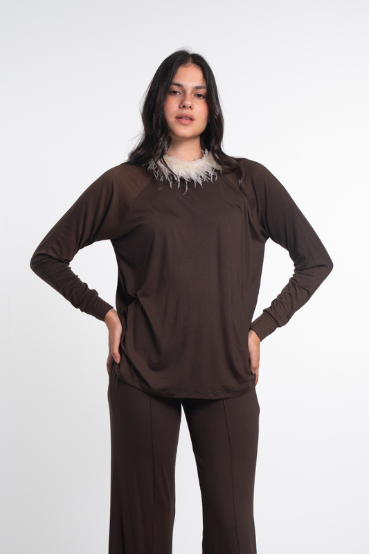 Mock Neck Ribbed Blouse – Dark Brown