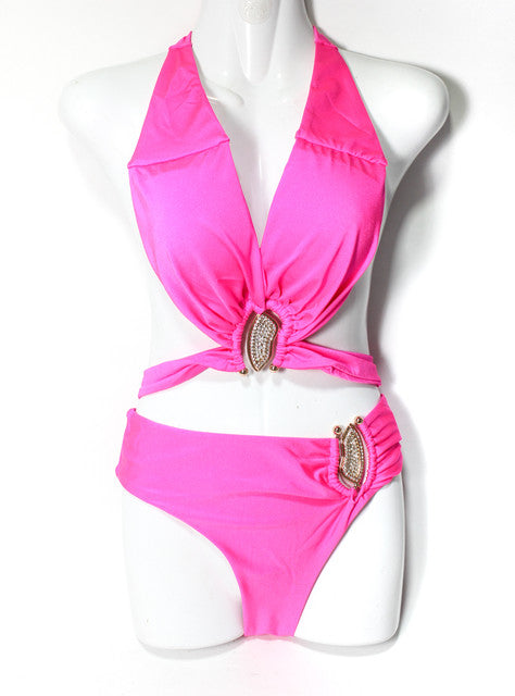 Crystal Accent Halter Bikini – Fuchsia - GSW00746FOS