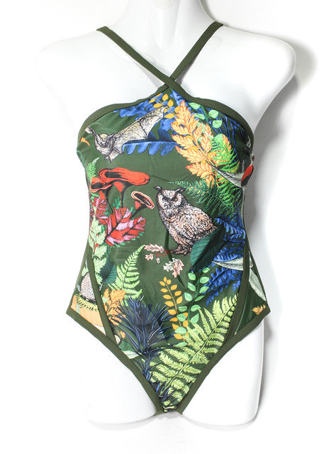 Tropical Print Cross Strap Monokini – Multi-Color - GSW00747GRN