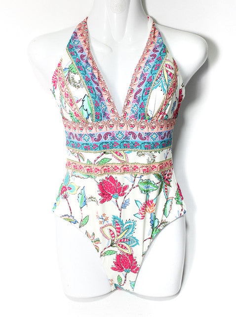 Floral Halter Print Monokini – Multi-Color - GSW00748WHT