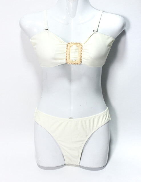 Pearl Buckle Bikini Set -  White