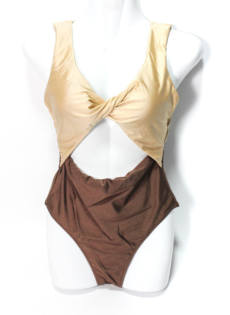 Twist Front Two-Tone One-Piece Swimsuit - Beige & Brown