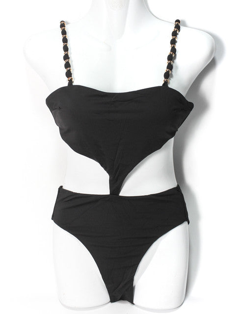 Beaded Strap Cut-Out Bikini Set - Black
