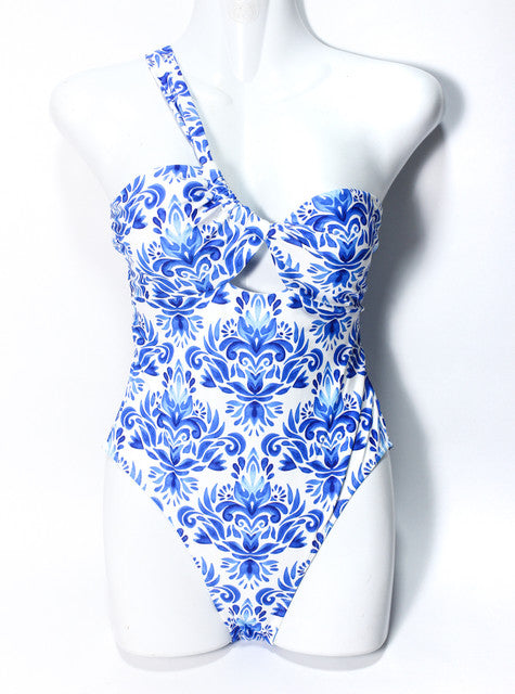 Floral Cut-Out One-Piece Swimsuit - Blue