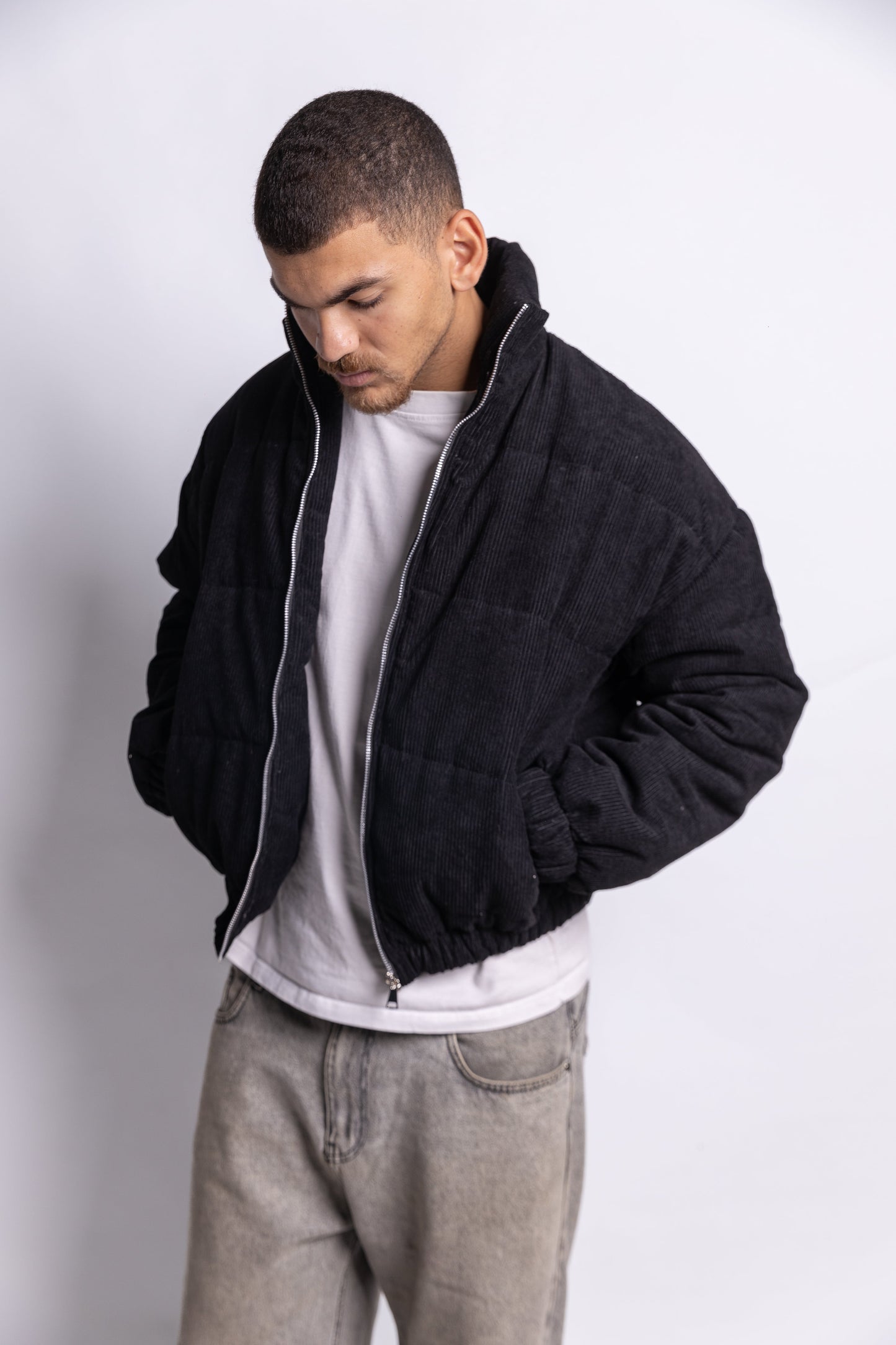 Cropped Corduroy Puffer Jacket - Black