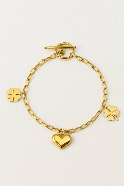 Stainless Steel Clover & Shiny Heart Charm Bracelet – Gold