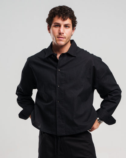 Linen Long-Sleeve Button-Up Shirt – Black