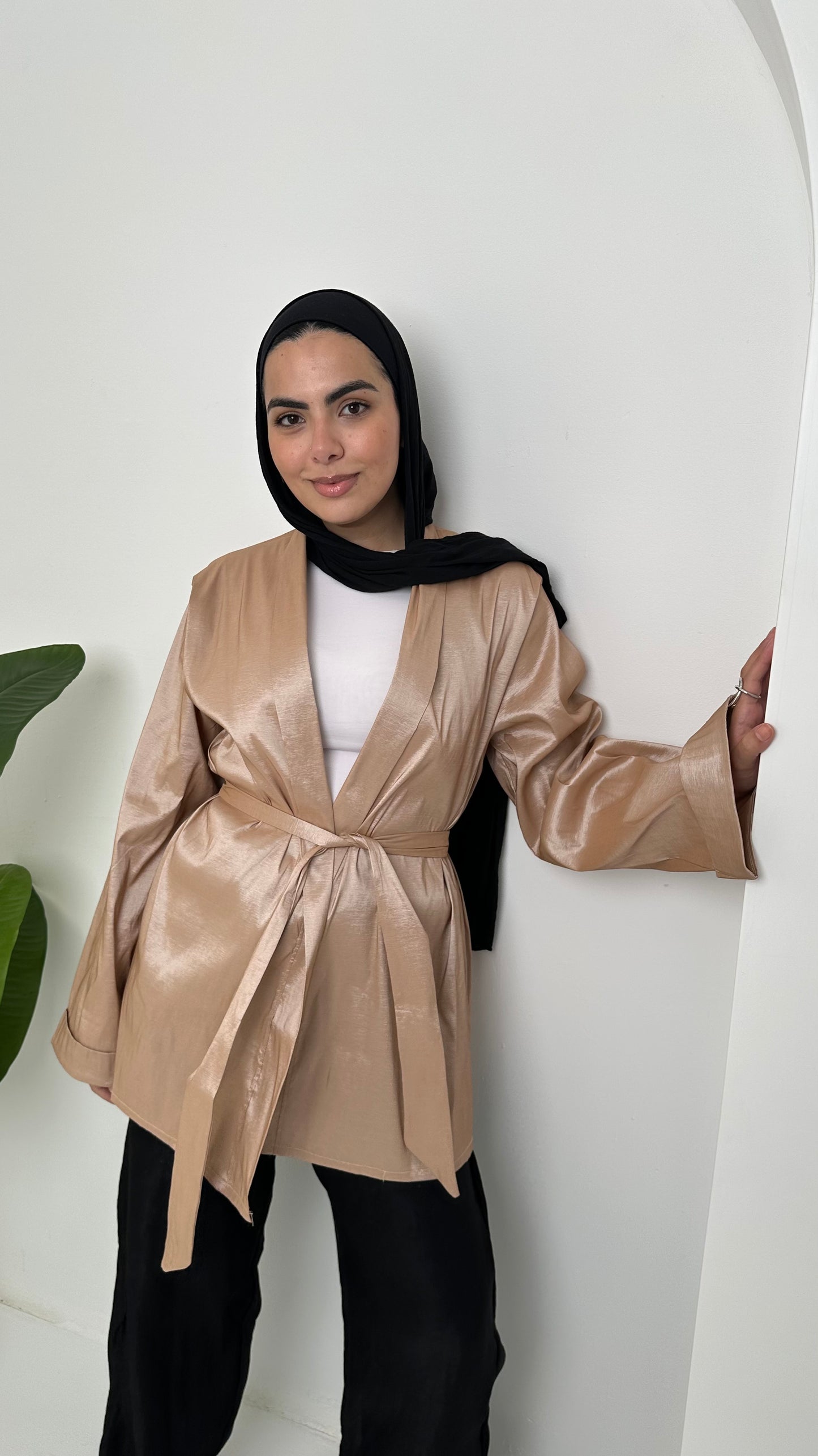 Satin Solid Kimono Jacket – Nude