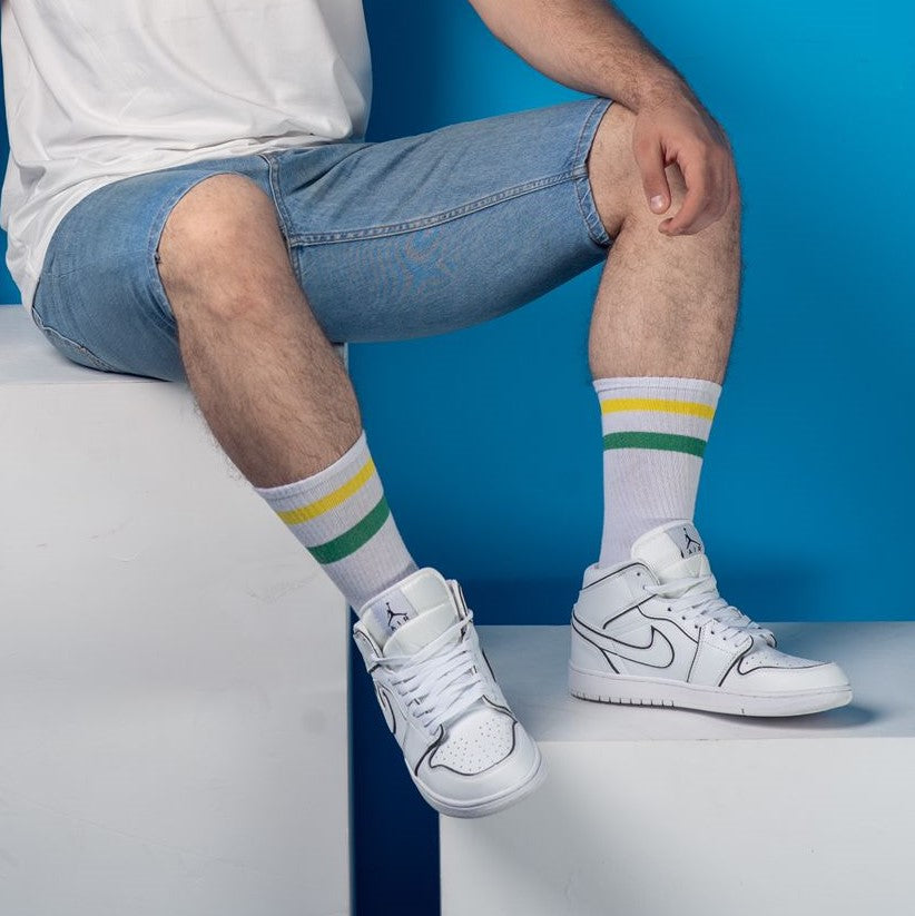Cotton Basic Striped Crew Socks – White