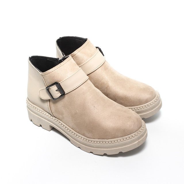 Faux Leather & Suede Plain Half-Boots - Beige