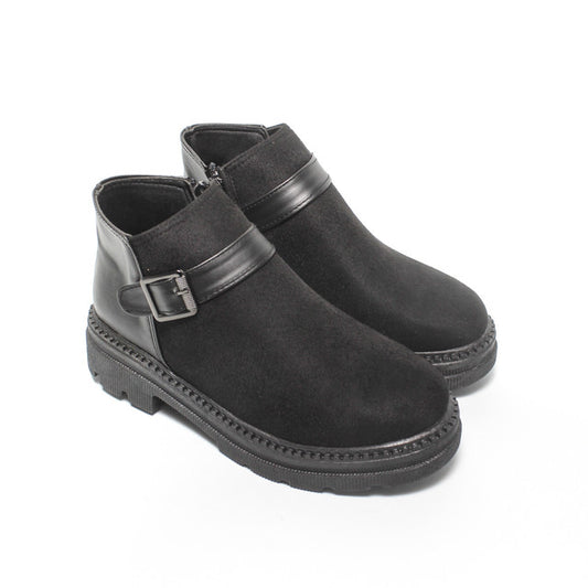 Faux Leather & Suede Plain Half-Boots - Black