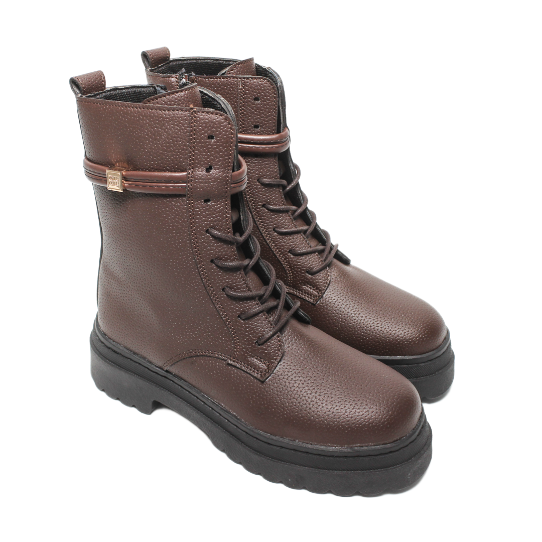 Faux Leather Textured Combat Boots – Brown