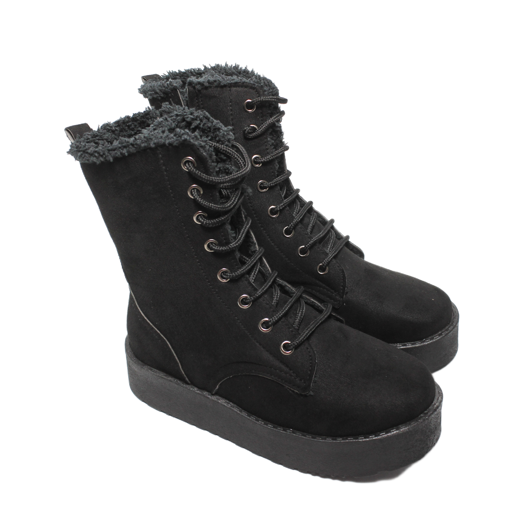 Faux Leather Fur-Lined Combat Boots – Black