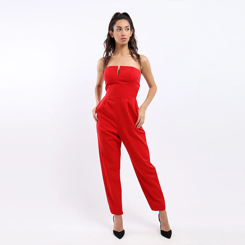 Solid High-Waist Jumpsuit – Red