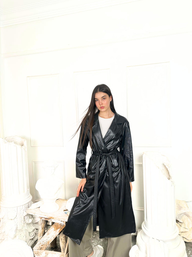 Belted Longline Faux Leather Coat – Black