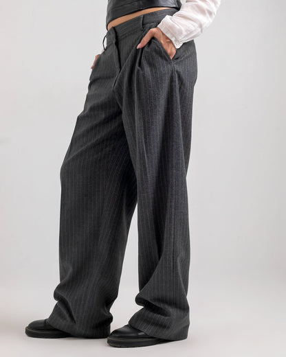 Viscose Striped Wide-Leg Trousers - Dark Grey